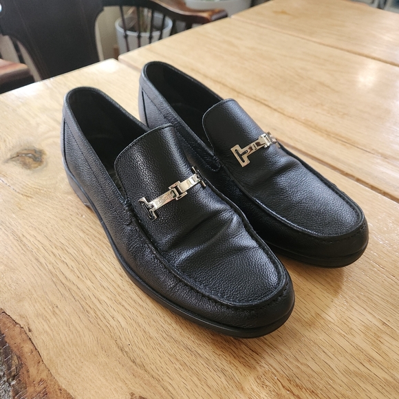 A Testoni Mens Black Loafers Box Pebble Leather Silver Horse Bit Shoes Sz‎ 8